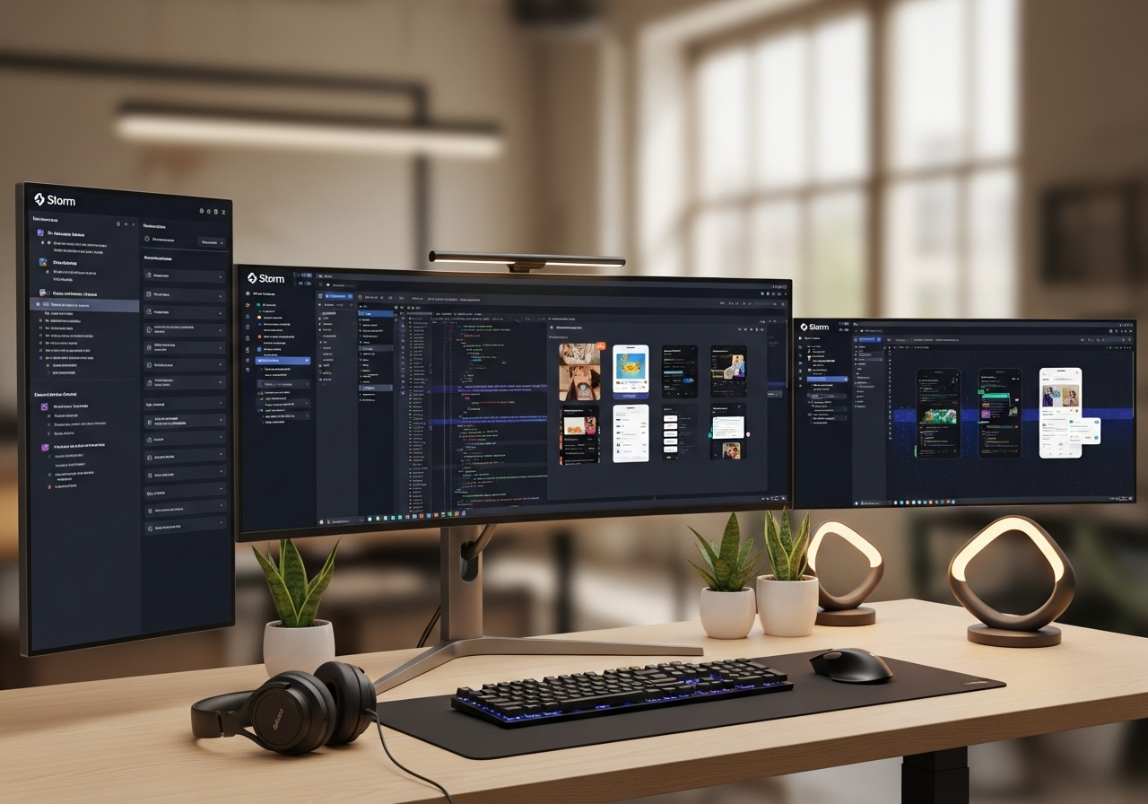 Modern developer workspace with multiple screens showing code and applications being built in real-time using Storm platform